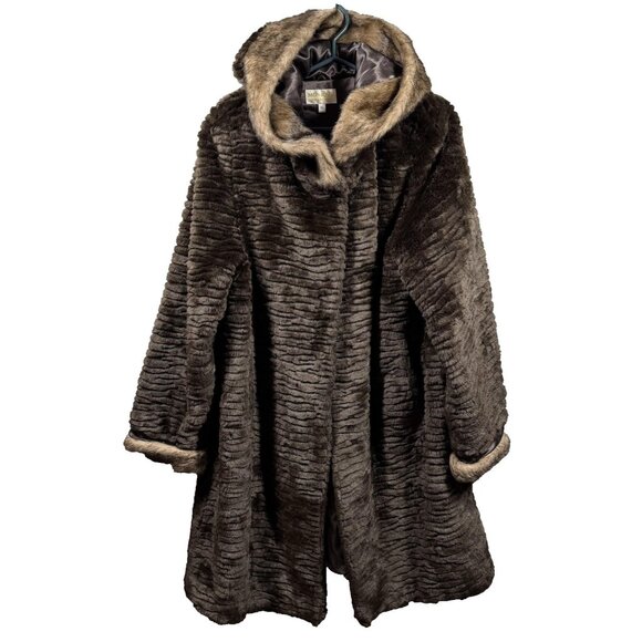 Monique Collection Coat Womens XL Brown Faux Fur Hooded Satin Lined Hook Closure - Picture 1 of 14